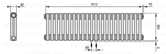 Схема (чертеж) Радиатор Zehnder Charleston 2030/22 №5410 Белый глянцевый RAL 9016